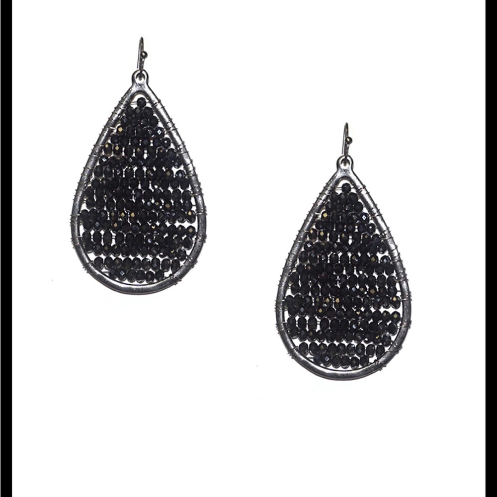 Marlyn Schiff Silver and Black Beaded Teardrop Earrings NWOT - Picture 3 of 3